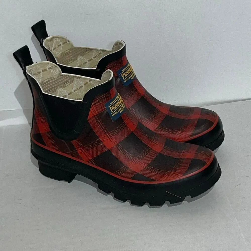 Pendleton Women's Red Black Buffalo Plaid Waterproof Chelsea Rain Boots Size 6